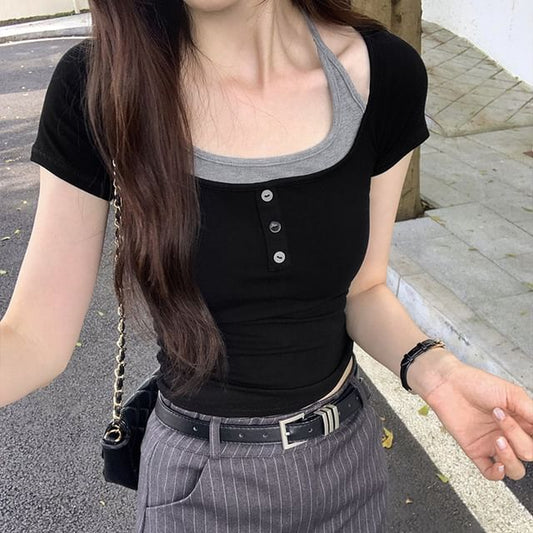 Mock Tone Two-Piece Two Top Short-Sleeve