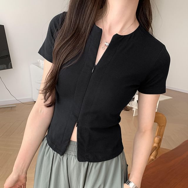 Knit Top Plain Zip-Up Short-Sleeve