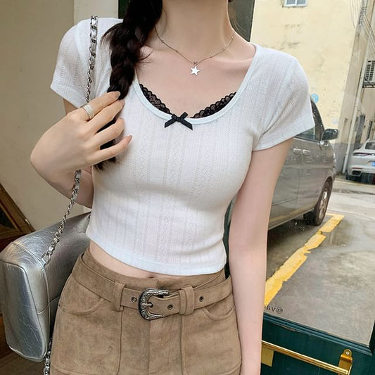 Scoop Top Sleeve Neck Trim Short Crop Lace