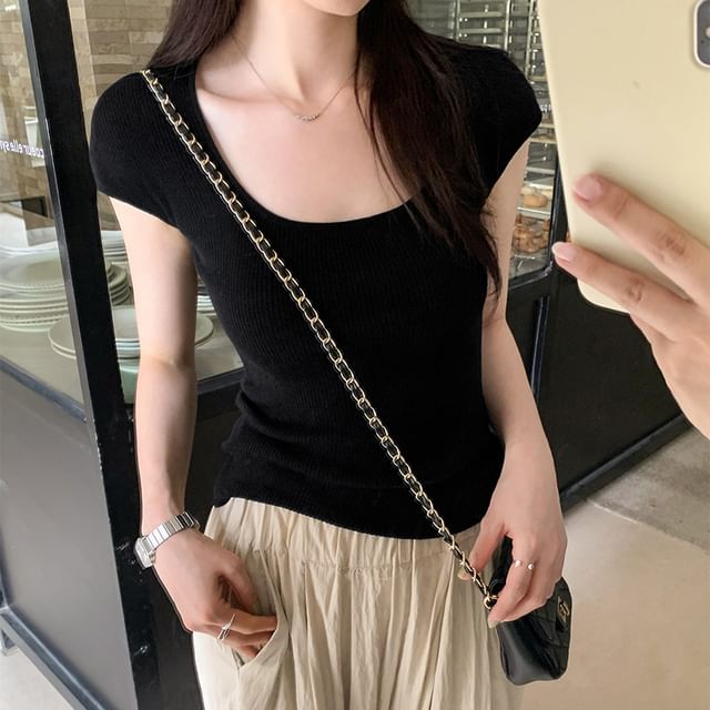 Knit Cap-Sleeve Neck Scoop Top Plain