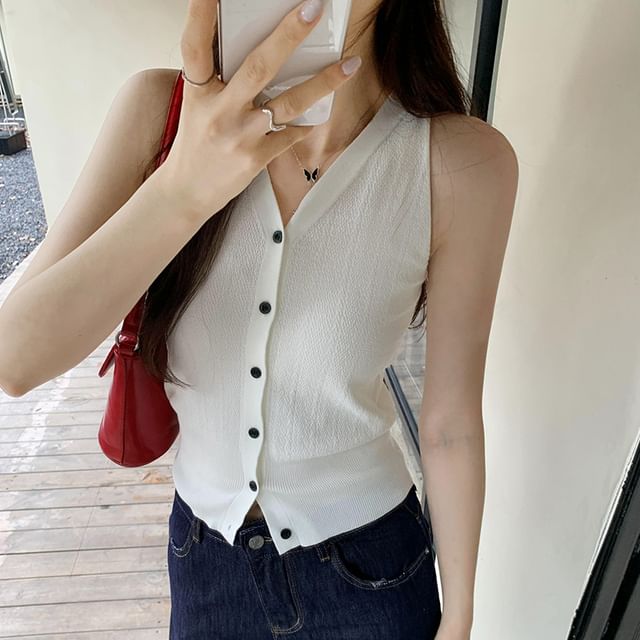 V-Neck Sleeveless Button-Up Plain Top