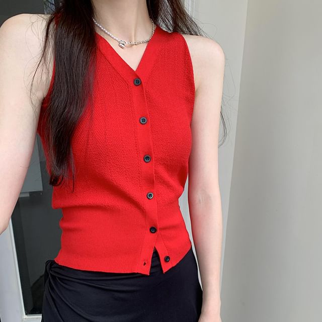 V-Neck Sleeveless Button-Up Plain Top