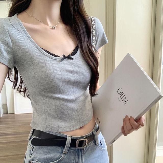 Scoop Top Sleeve Neck Trim Short Crop Lace