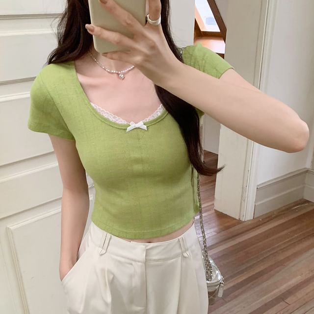 Scoop Top Sleeve Neck Trim Short Crop Lace