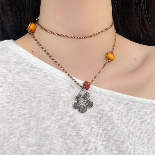 Floral Cord Pendant Necklace Gemstone Faux