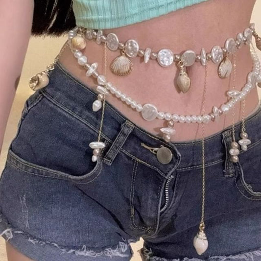 Alloy Chain Faux Disc Waist Pearl Shell