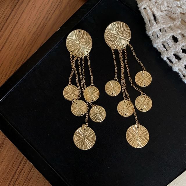 Alloy Textured Earring Chandelier Fringed Disc