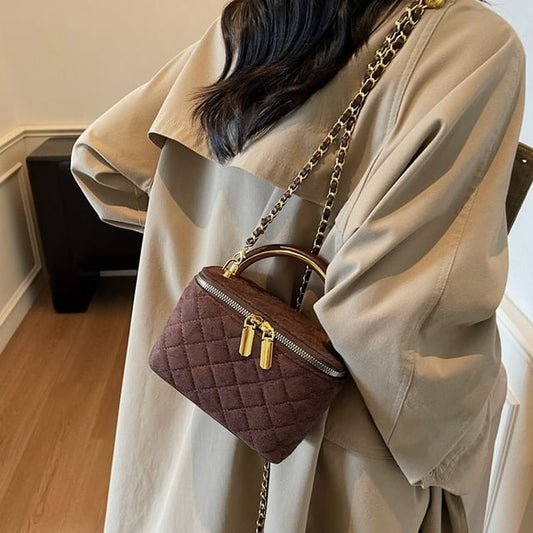 Leather Strap Quilted Crossbody Chain Faux Bag