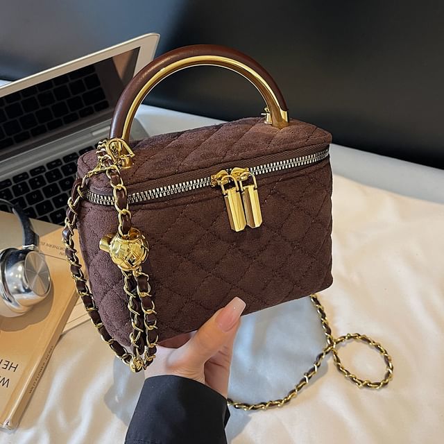 Leather Strap Quilted Crossbody Chain Faux Bag