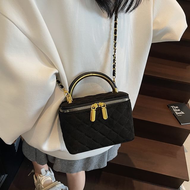 Leather Strap Quilted Crossbody Chain Faux Bag