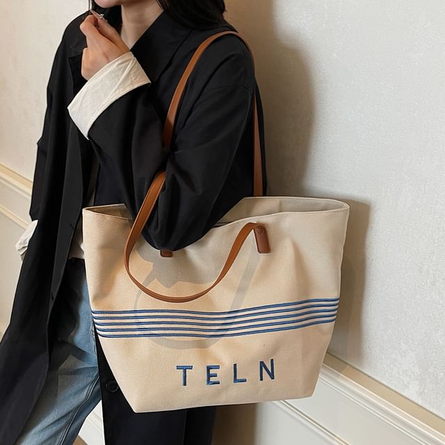 Embroidered Striped Canvas Lettering Tote Bag
