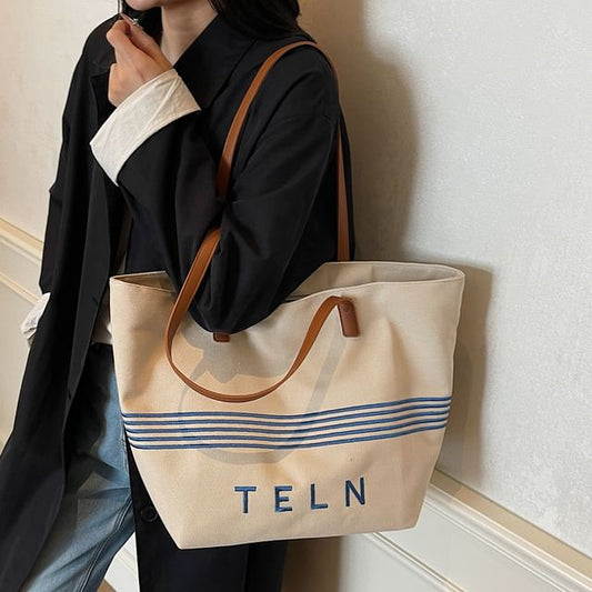 Embroidered Striped Canvas Lettering Tote Bag