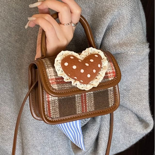 Bag Handle Heart Plaid Applique Crossbody Flap Top