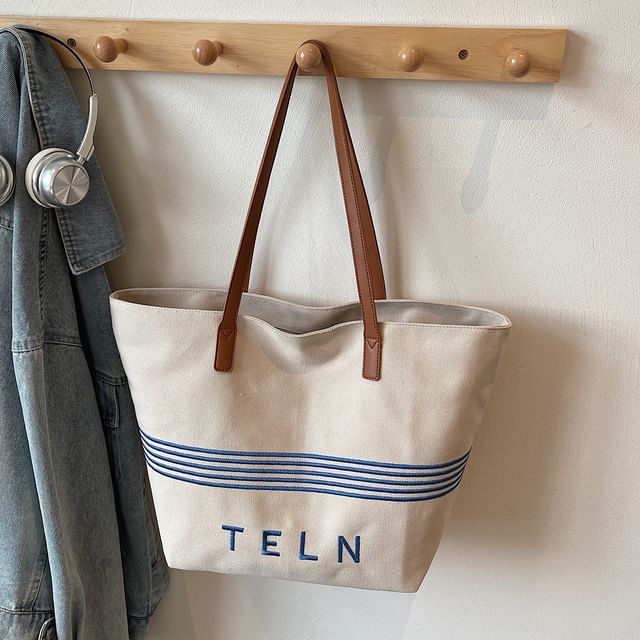 Embroidered Striped Canvas Lettering Tote Bag
