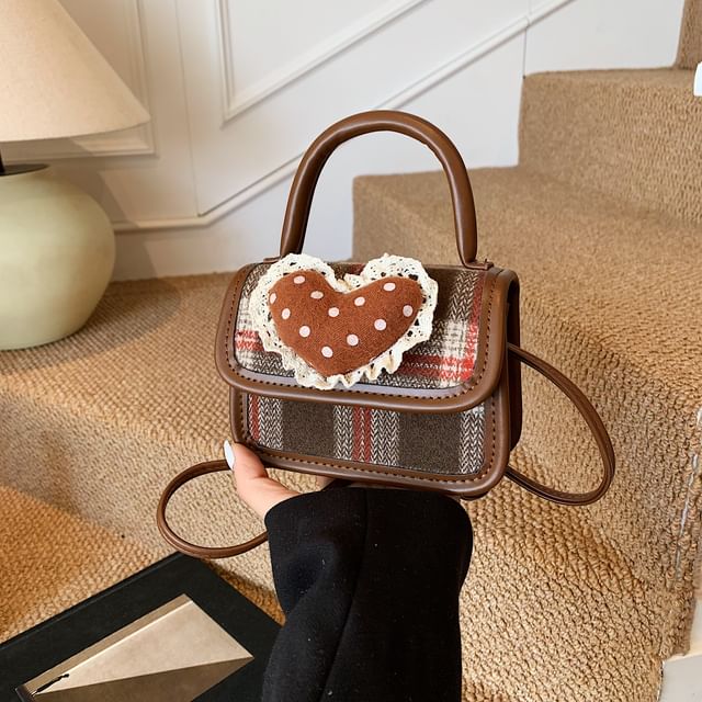 Bag Handle Heart Plaid Applique Crossbody Flap Top