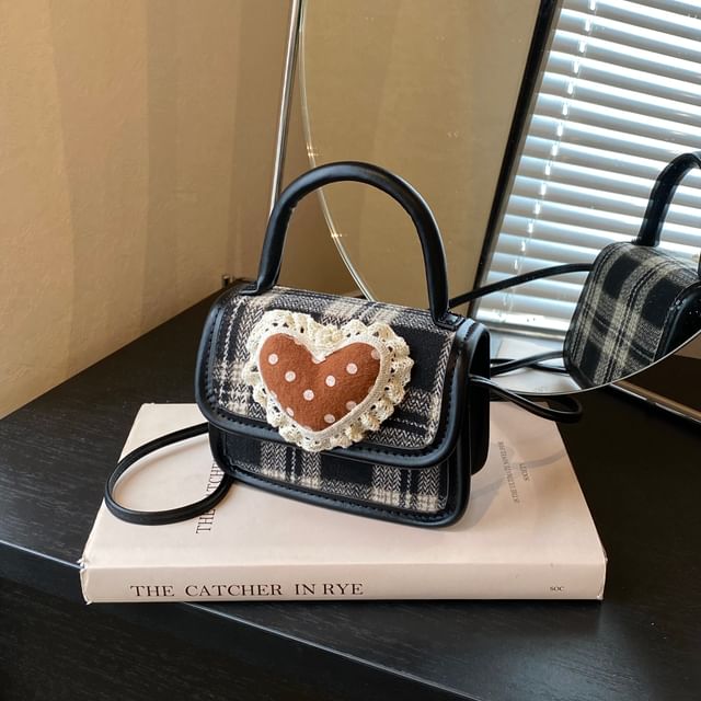 Bag Handle Heart Plaid Applique Crossbody Flap Top