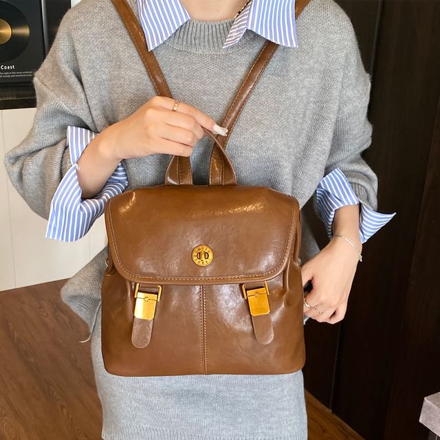 Buckle Backpack Faux Leather Flap