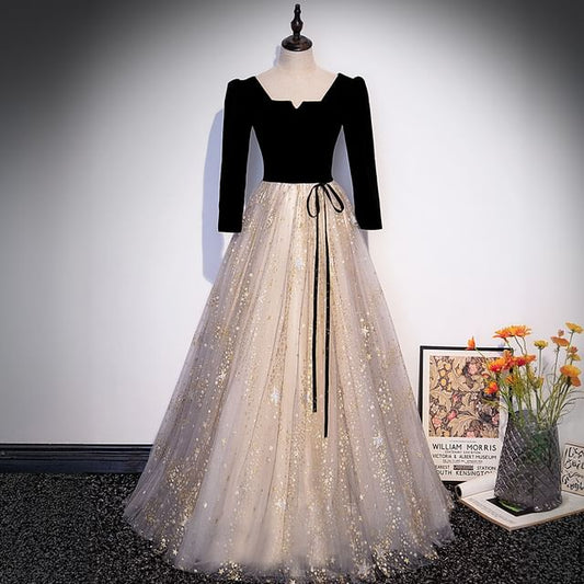 Neck Evening Mesh Panel / A-Line Gown Print Long-Sleeve Notch Short-Sleeve Star