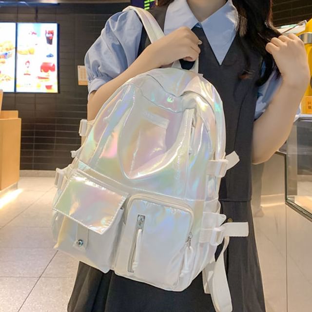 Backpack Leather Buckled Holographic Faux