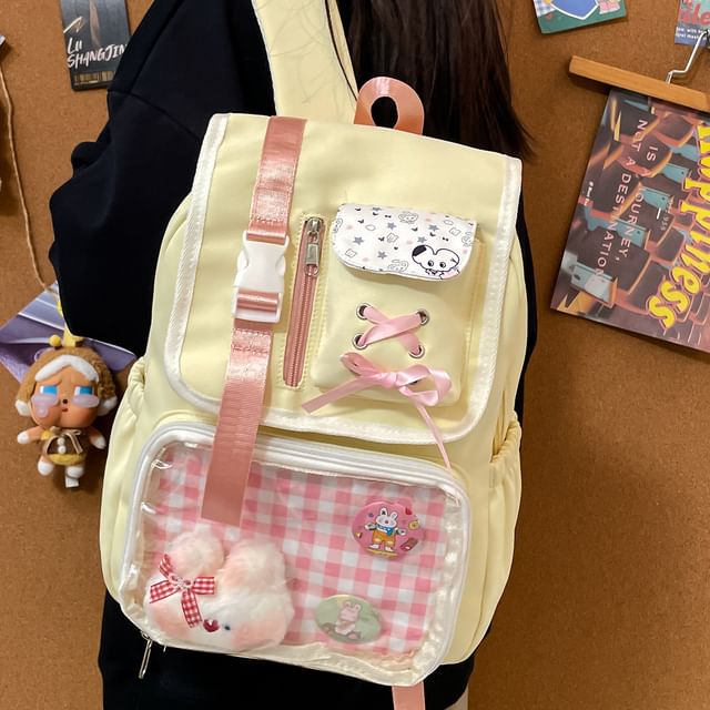Ribbon Gingham Panel PVC Nylon Backpack Buckled