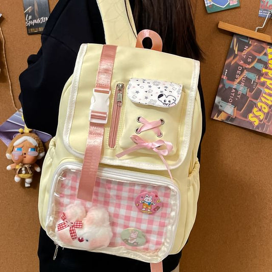 Ribbon Gingham Panel PVC Nylon Backpack Buckled