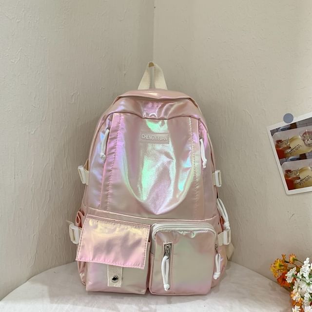 Backpack Leather Buckled Holographic Faux