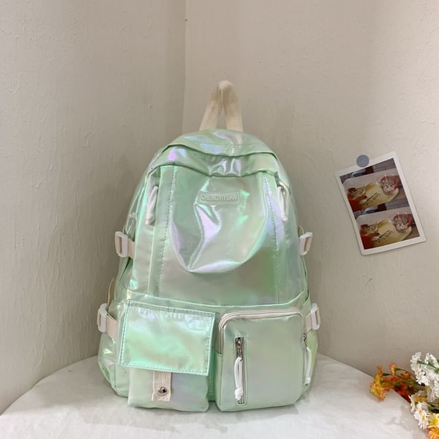 Backpack Leather Buckled Holographic Faux