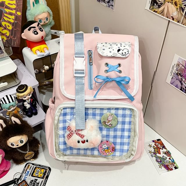 Ribbon Gingham Panel PVC Nylon Backpack Buckled