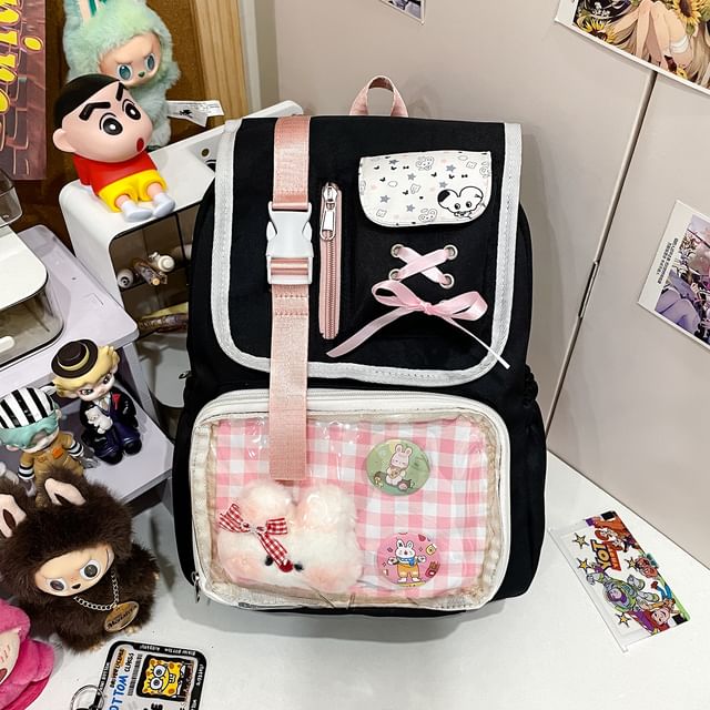 Ribbon Gingham Panel PVC Nylon Backpack Buckled
