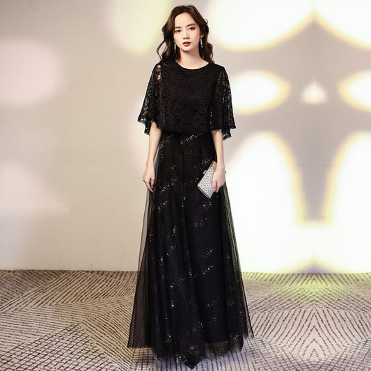 Lace Neck Panel A-Line Sequin Round Gown Sleeve Plain Mesh Cape Evening
