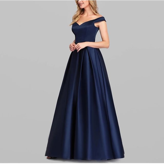 Satin Sleeveless Gown A-Line Plain Evening Off Shoulder