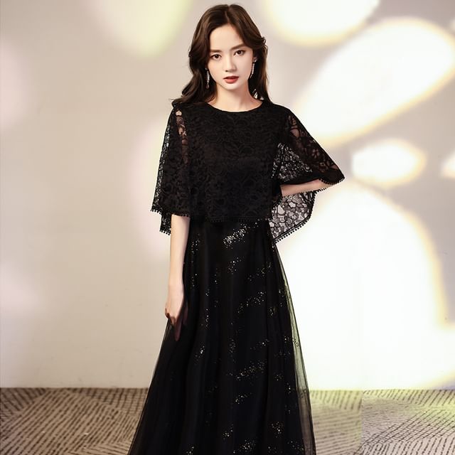 Lace Neck Panel A-Line Sequin Round Gown Sleeve Plain Mesh Cape Evening