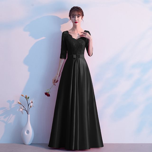 Panel Sleeve Elbow Bow Evening Gown Plain V-Neck A-Line Lace Satin