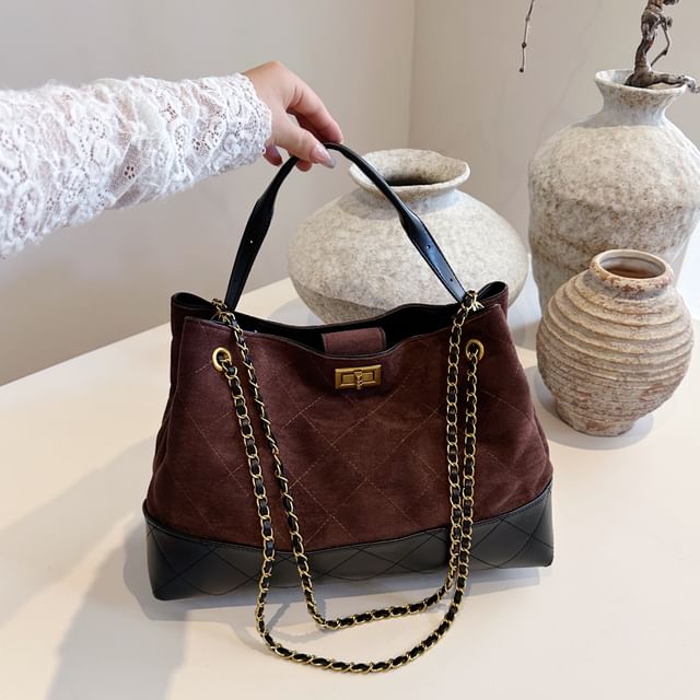 Tote Suede Faux Bag Quilted Crossbody Chain Strap