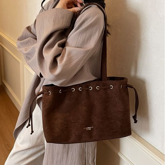 Plain Faux Drawstring Suede Tote Bag