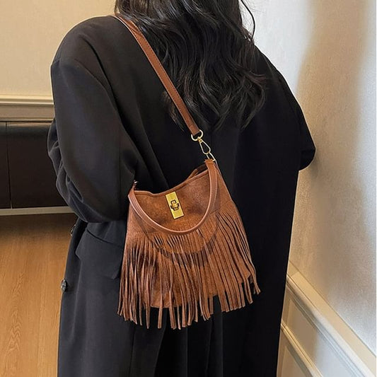 Suede Crossbody Plain Pouch With Bag Faux Fringe