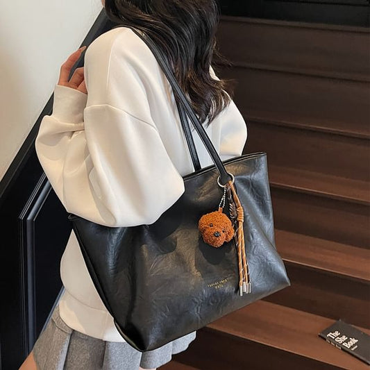 With Faux Plain Bag Tote Leather Charm