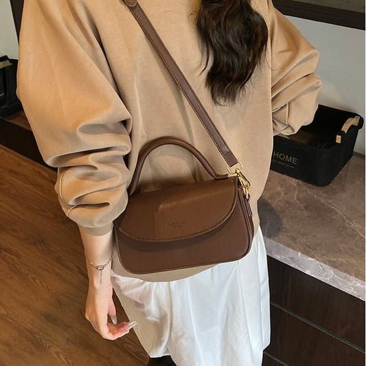 Faux Flap Plain Top Handle Leather Bag Crossbody