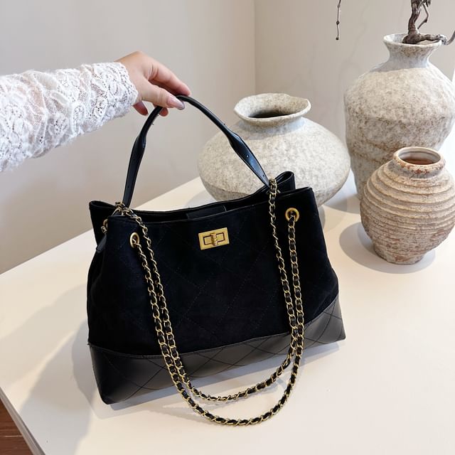 Tote Suede Faux Bag Quilted Crossbody Chain Strap