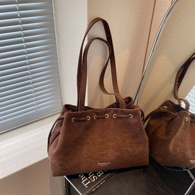 Plain Faux Drawstring Suede Tote Bag