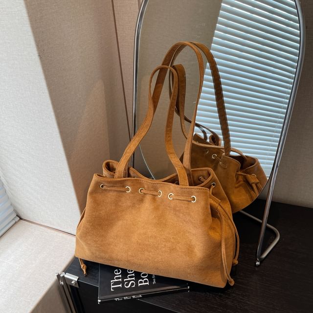 Plain Faux Drawstring Suede Tote Bag