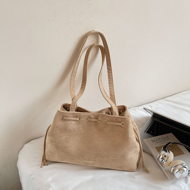 Plain Faux Drawstring Suede Tote Bag
