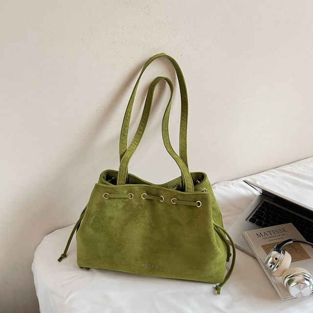 Plain Faux Drawstring Suede Tote Bag