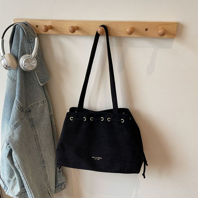 Plain Faux Drawstring Suede Tote Bag
