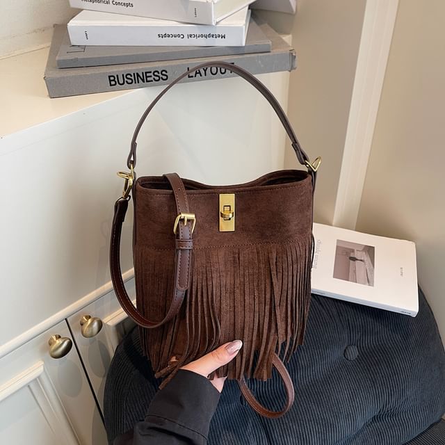 Suede Crossbody Plain Pouch With Bag Faux Fringe