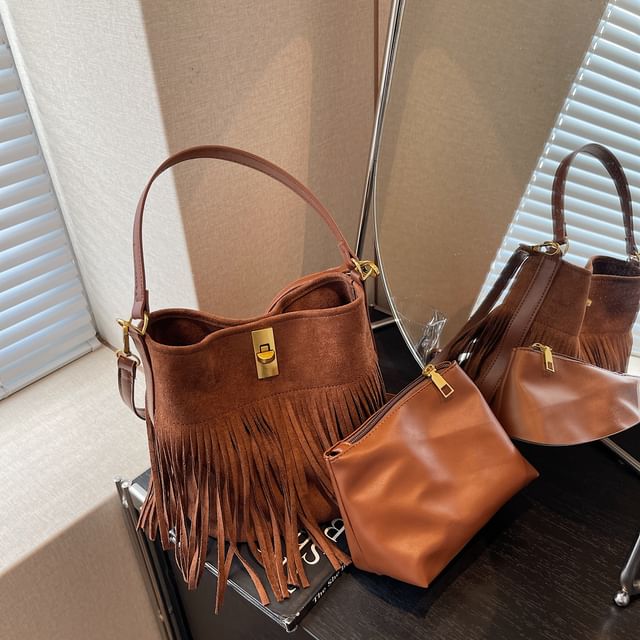 Suede Crossbody Plain Pouch With Bag Faux Fringe