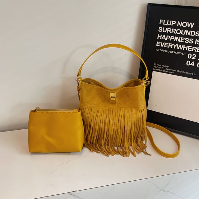Suede Crossbody Plain Pouch With Bag Faux Fringe