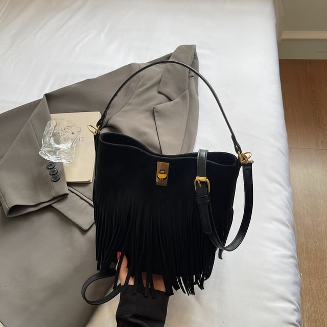 Suede Crossbody Plain Pouch With Bag Faux Fringe
