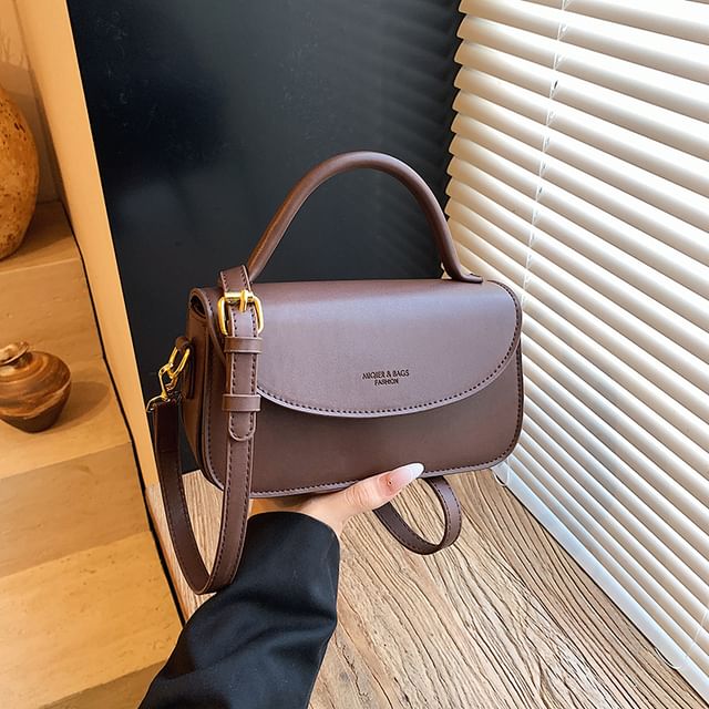 Faux Flap Plain Top Handle Leather Bag Crossbody