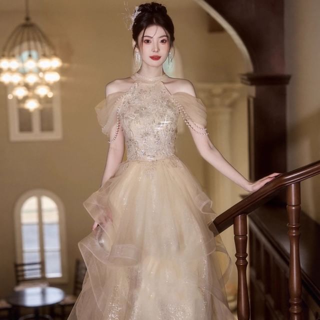 Gown Sequin Off-Shoulder A-Line Bead Evening